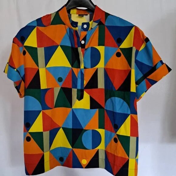 SIMONS Icône Collection ART 2 WEAR BLOUSE BUTTON UP henley Sz MEDIUM COLORFUL - Picture 1 of 7